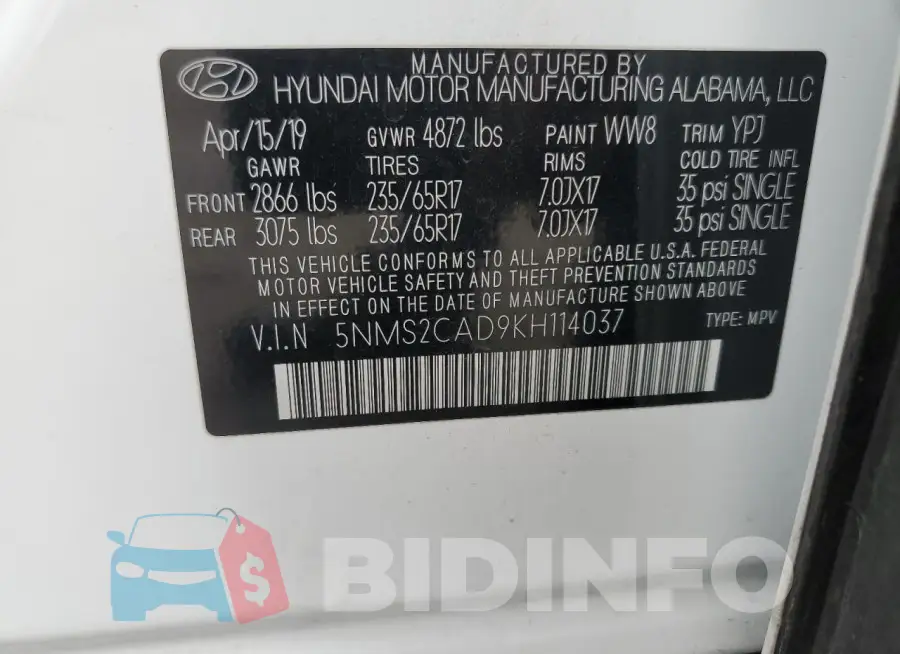 5NMS2CAD9KH114037 Photo# 13
