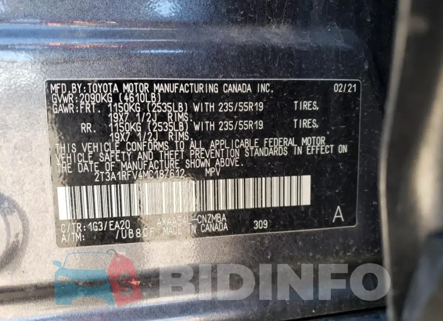 2T3A1RFV4MC187612 Photo# 13