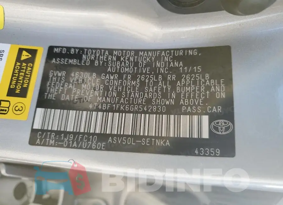 4T4BF1FK6GR542830 Photo# 13