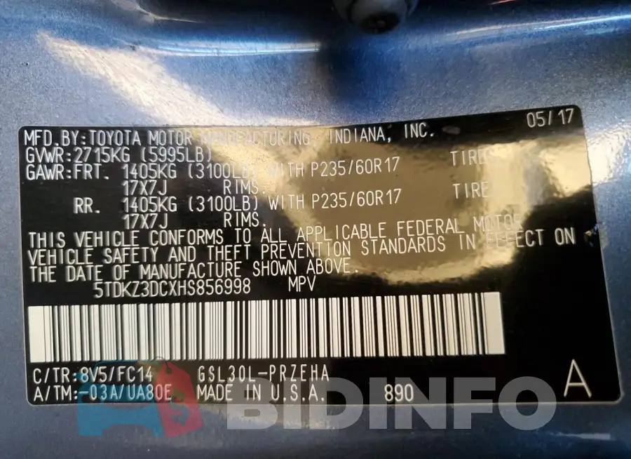 5TDKZ3DCXHS856998 Photo# 14