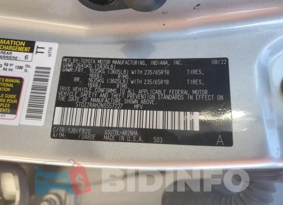 5TDZZRAH2NS557227 Photo# 13
