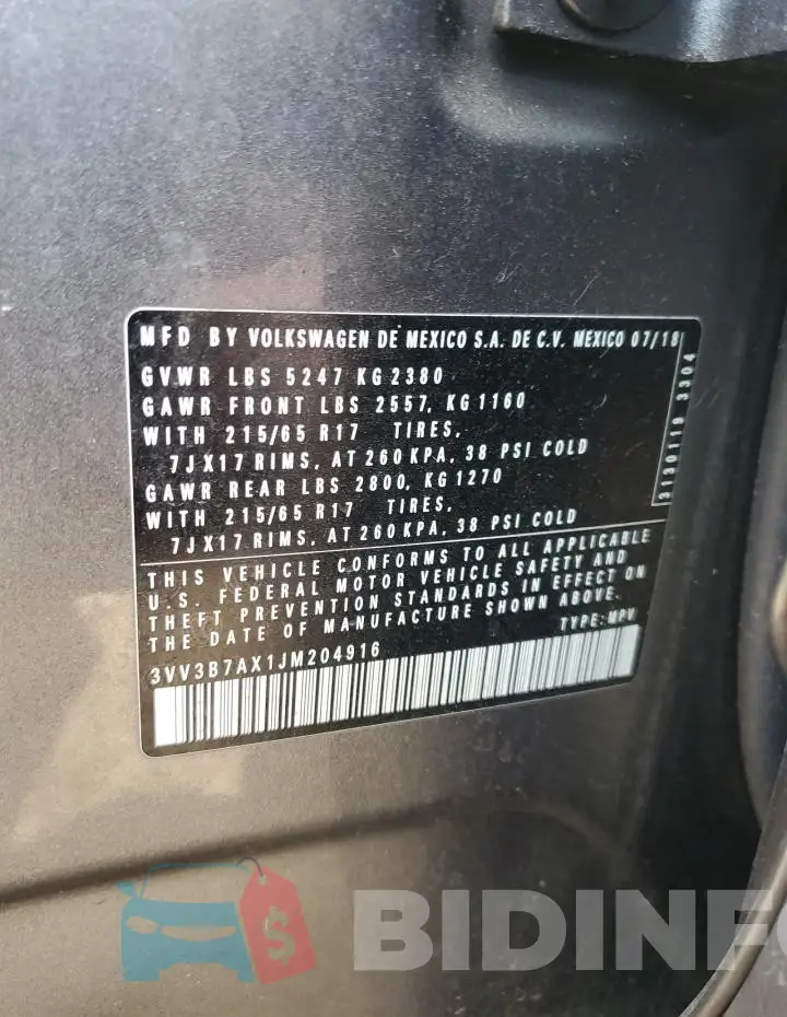 3VV3B7AX1JM204916 Photo# 13