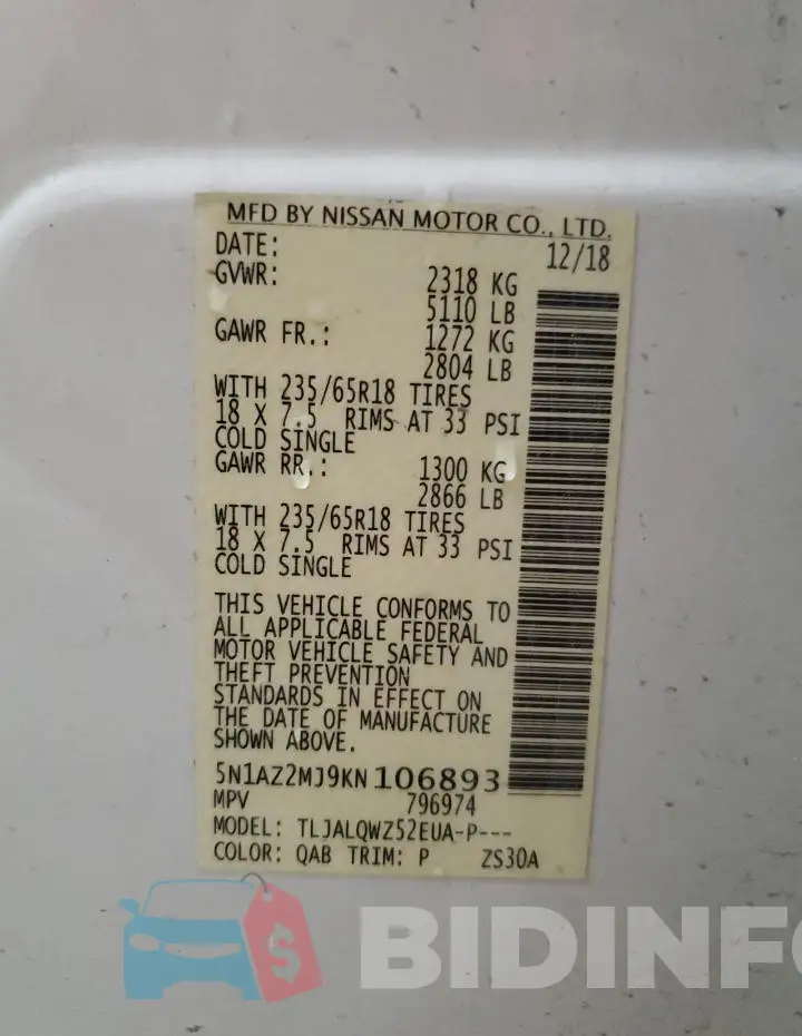 5N1AZ2MJ9KN106893 Photo# 13