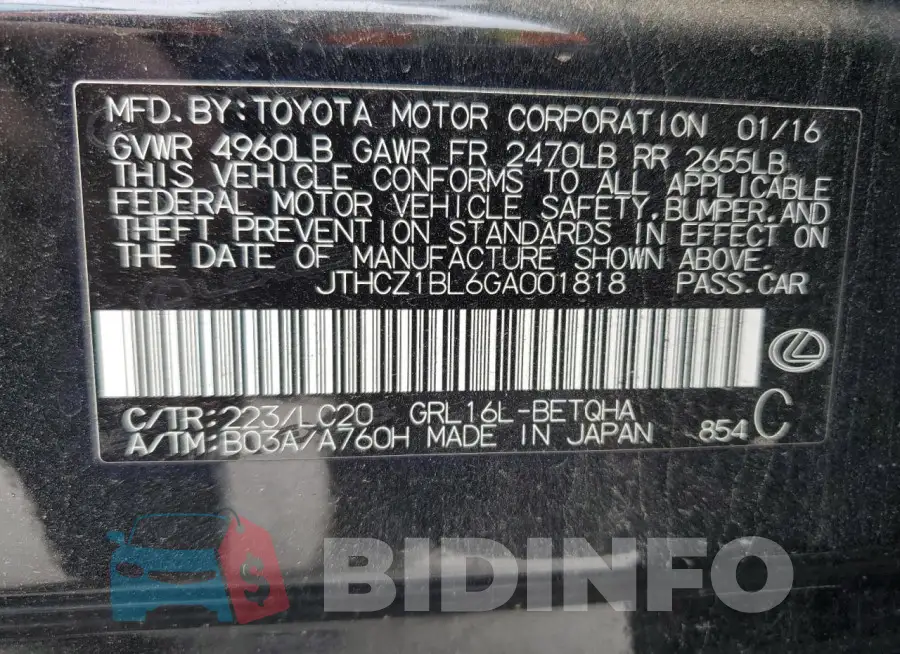 JTHCZ1BL6GA001818 Photo# 13
