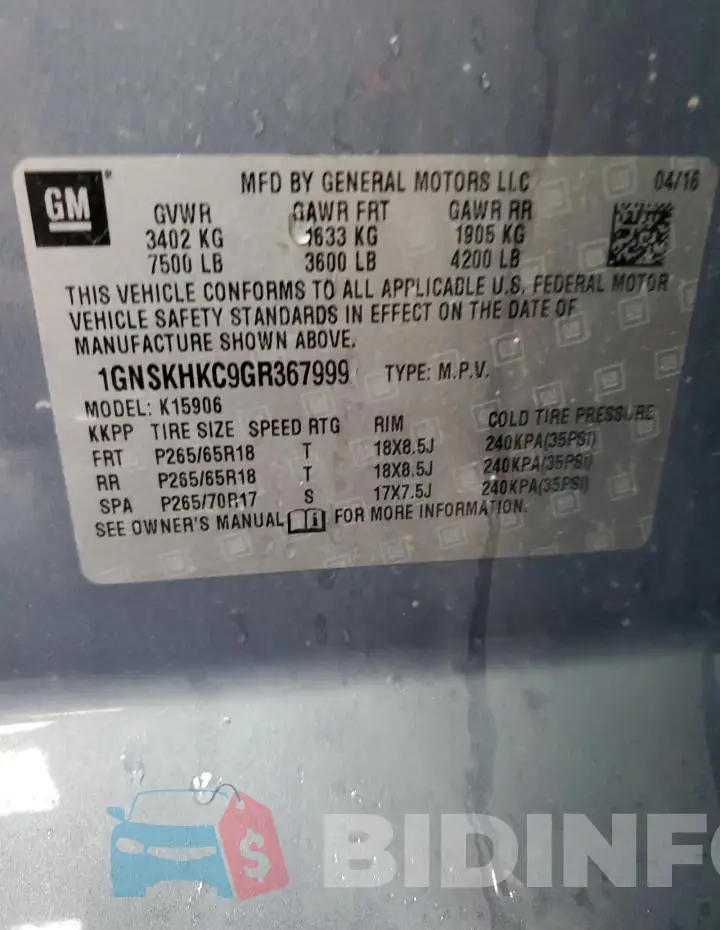 1GNSKHKC9GR367999 Photo# 13