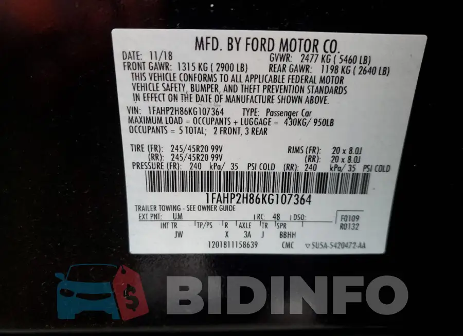 1FAHP2H86KG107364 Photo# 13