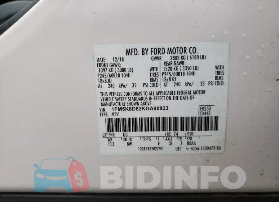 1FM5K8D82KGA90823 Photo# 13