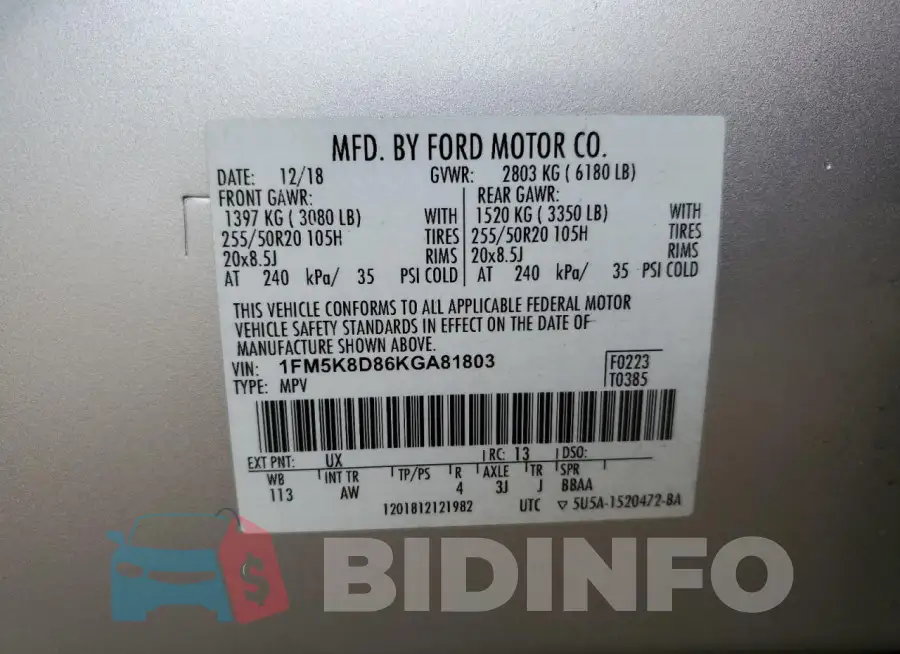 1FM5K8D86KGA81803 Photo# 13