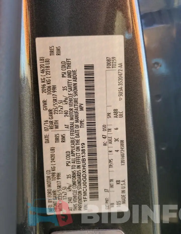 1FMCU0GDXHUB13819 Photo# 13