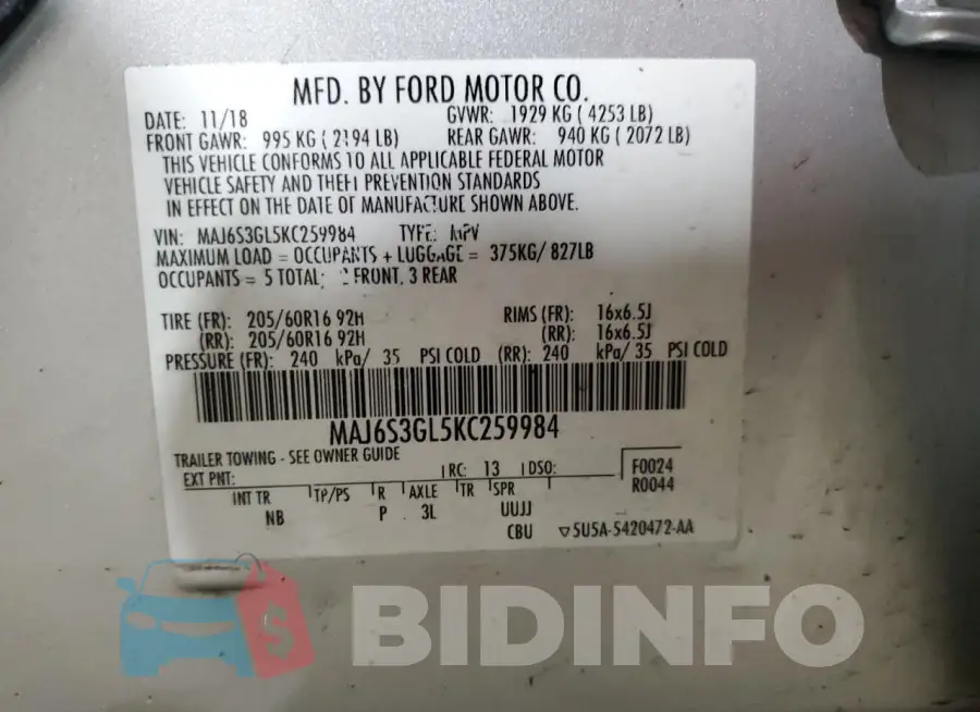 MAJ6S3GL5KC259984 Photo# 14