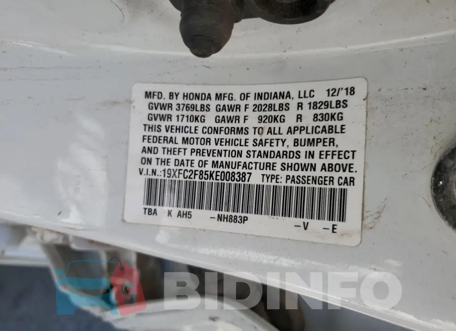 19XFC2F85KE008387 Photo# 12