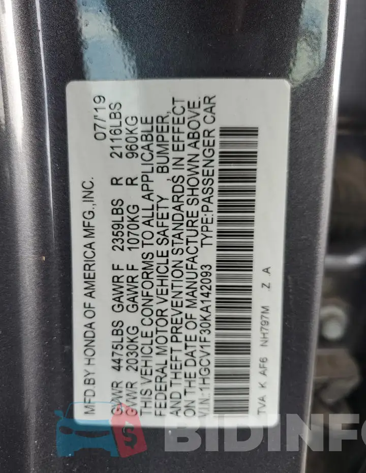1HGCV1F30KA142093 Photo# 12