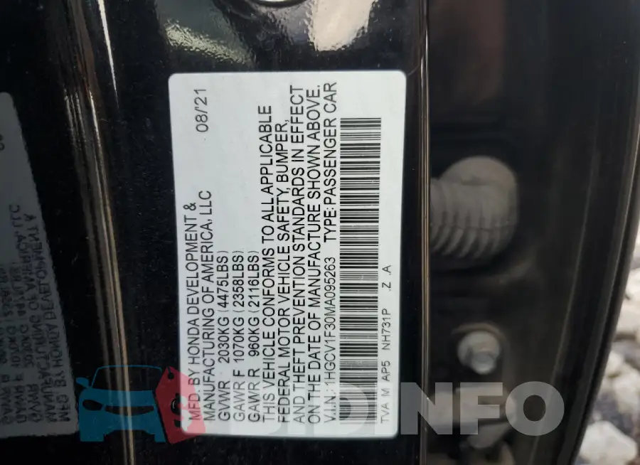 1HGCV1F30MA095263 Photo# 12