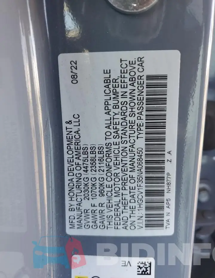 1HGCV1F35NA068450 Photo# 12