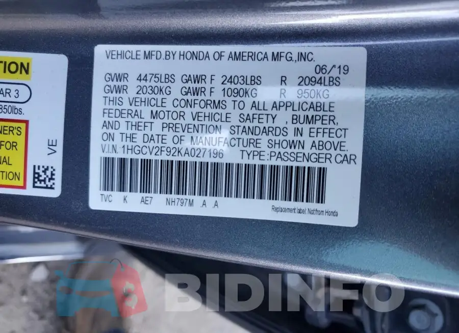 1HGCV2F92KA027196 Photo# 13