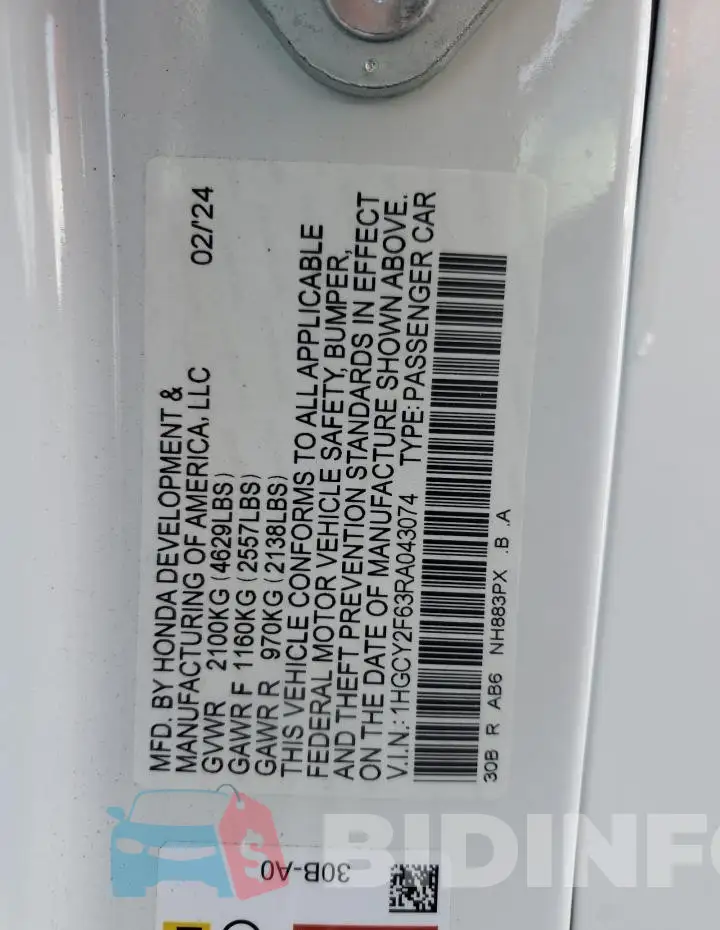 1HGCY2F63RA043074 Photo# 12