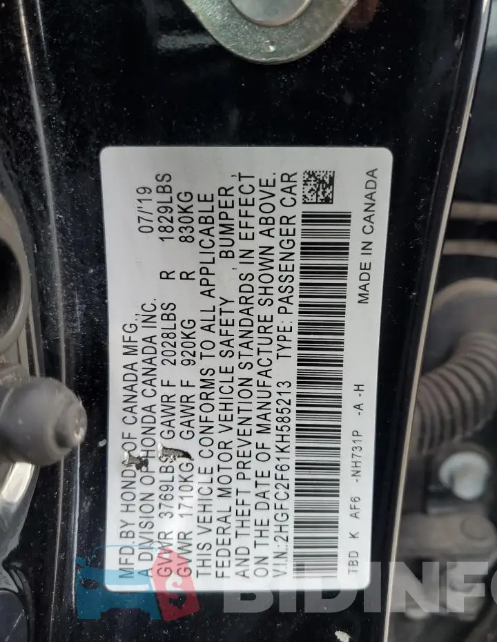 2HGFC2F61KH585213 Photo# 12