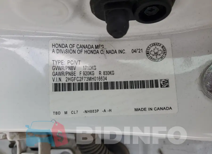 2HGFC2F73MH016634 Photo# 12