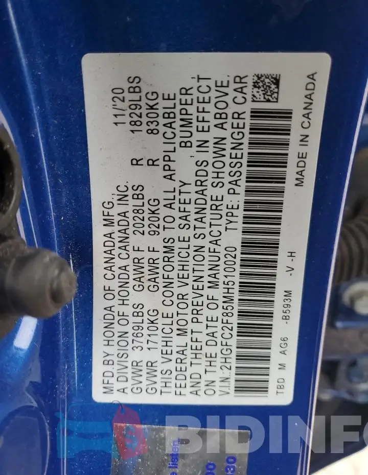 2HGFC2F85MH510020 Photo# 13