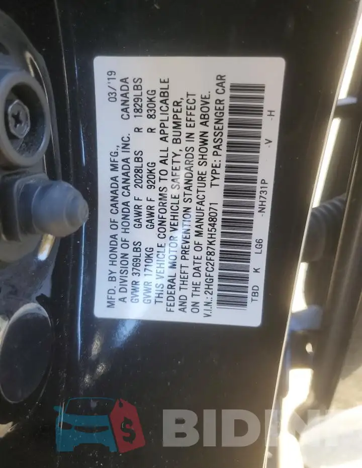 2HGFC2F87KH548071 Photo# 12