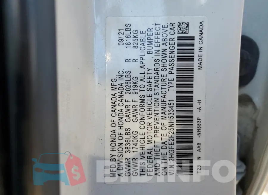 2HGFE2F25NH533451 Photo# 13