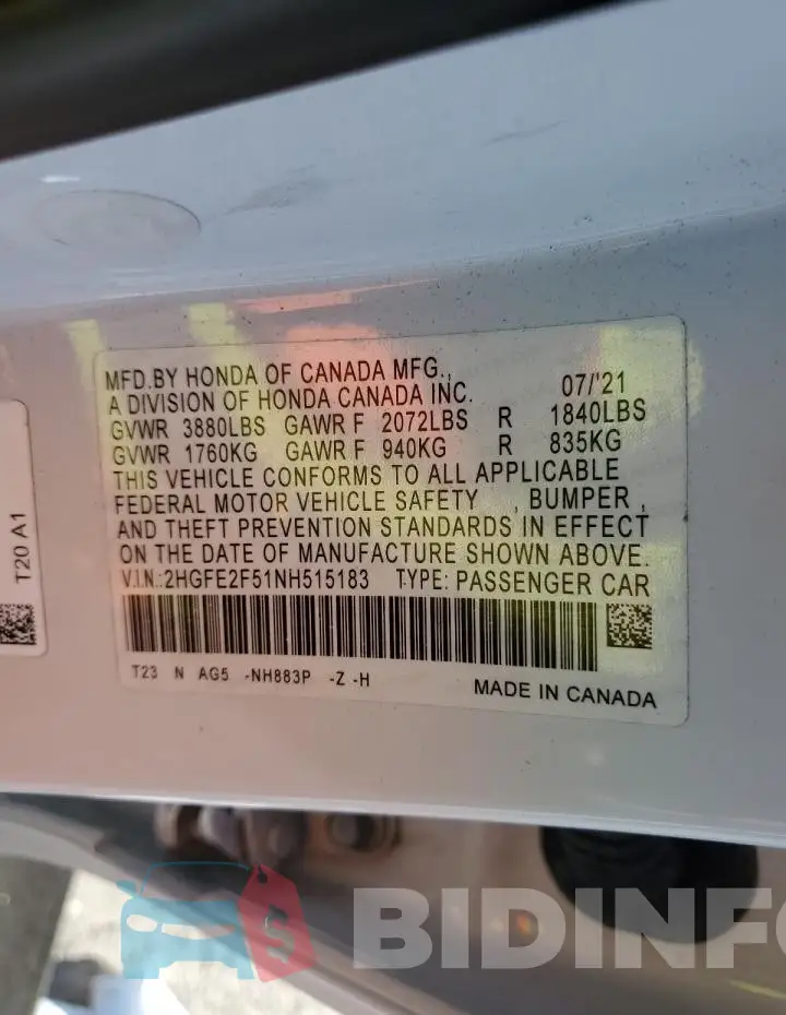 2HGFE2F51NH515183 Photo# 12