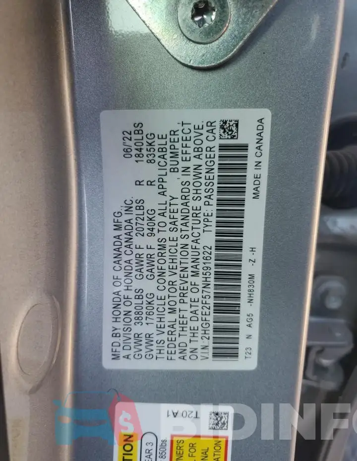2HGFE2F57NH591622 Photo# 13