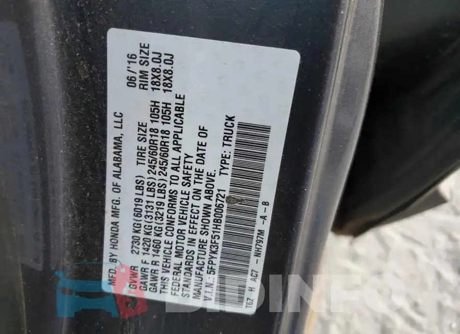 5FPYK3F51HB006721 Photo# 12