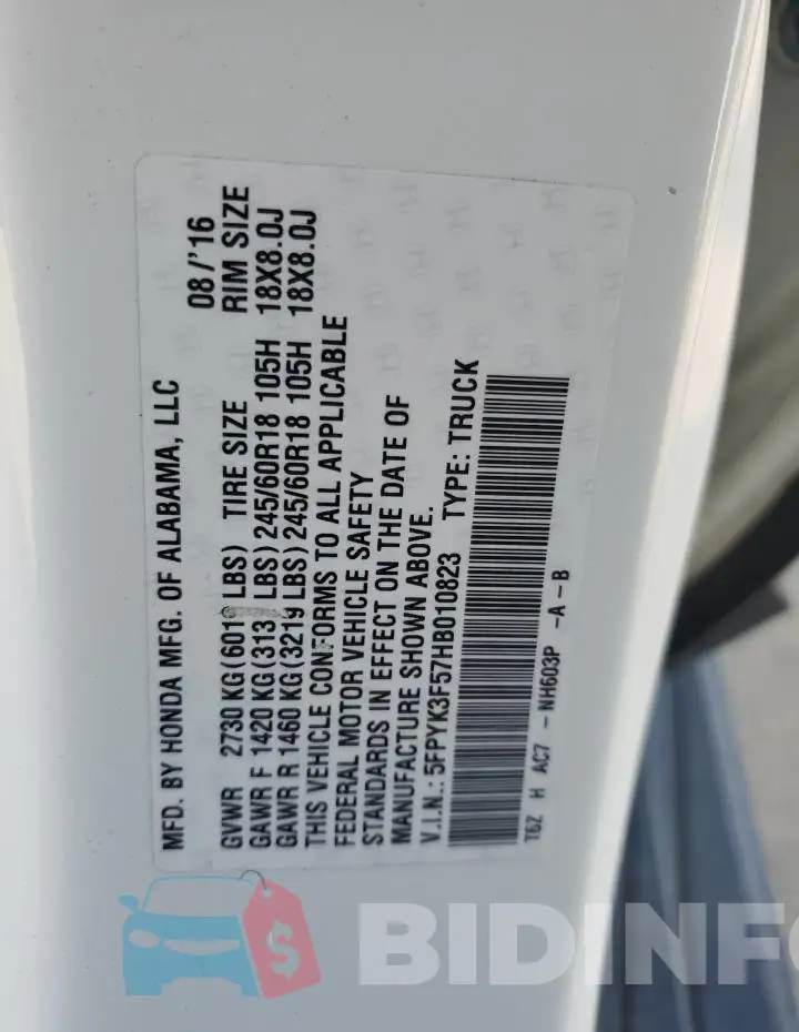 5FPYK3F57HB010823 Photo# 12