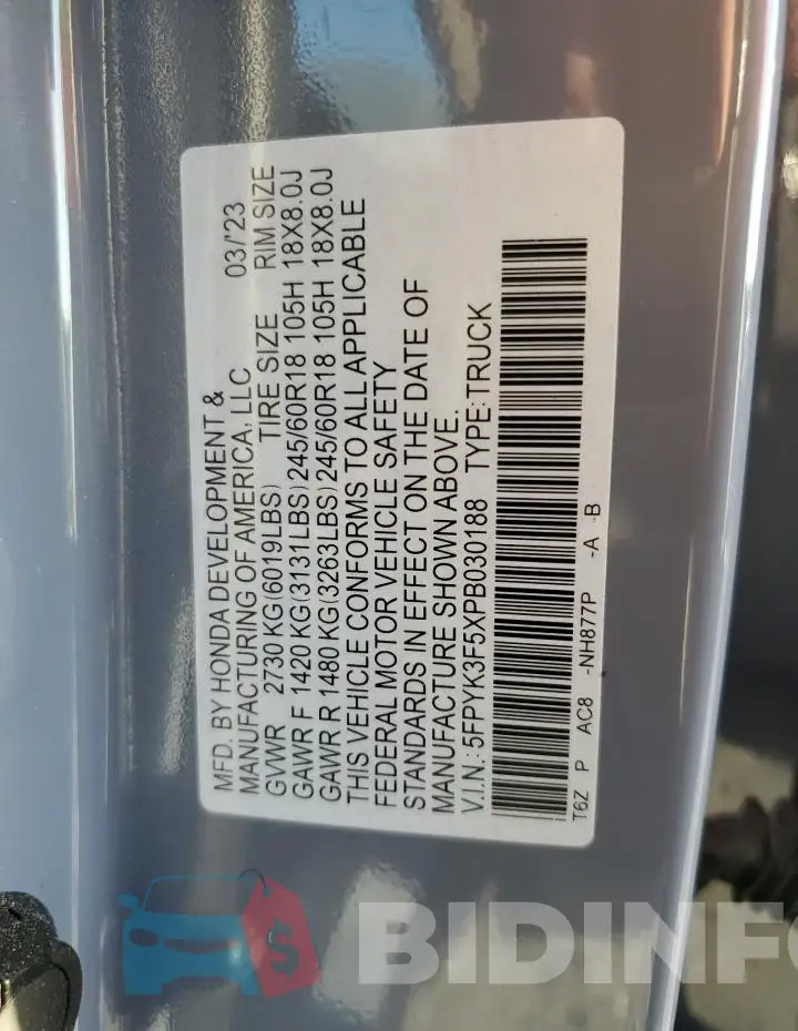 5FPYK3F5XPB030188 Photo# 12