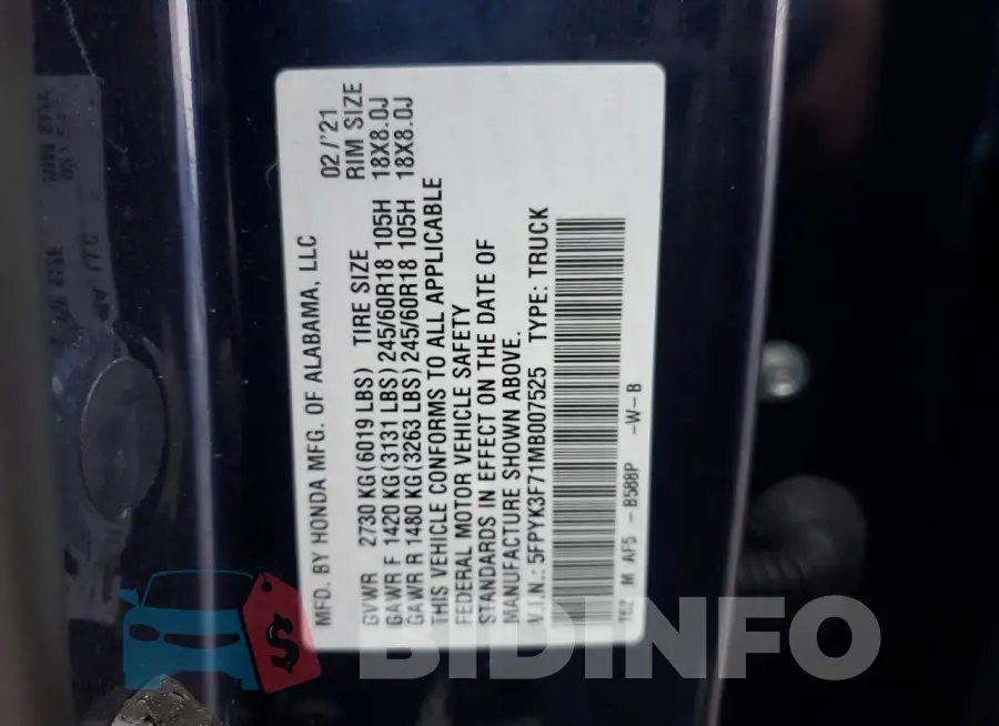 5FPYK3F71MB007525 Photo# 12
