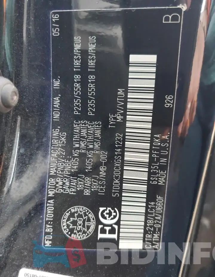 5TDDK3DCXGS141232 Photo# 14