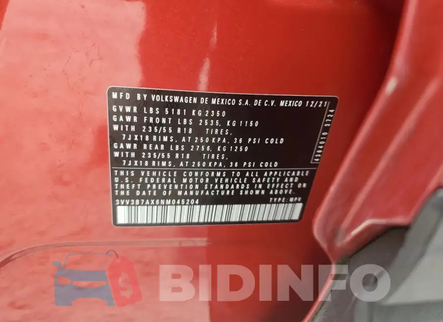 3VV3B7AX6NM045204 Photo# 13