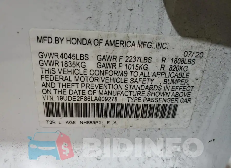 19UDE2F86LA009278 Photo# 12