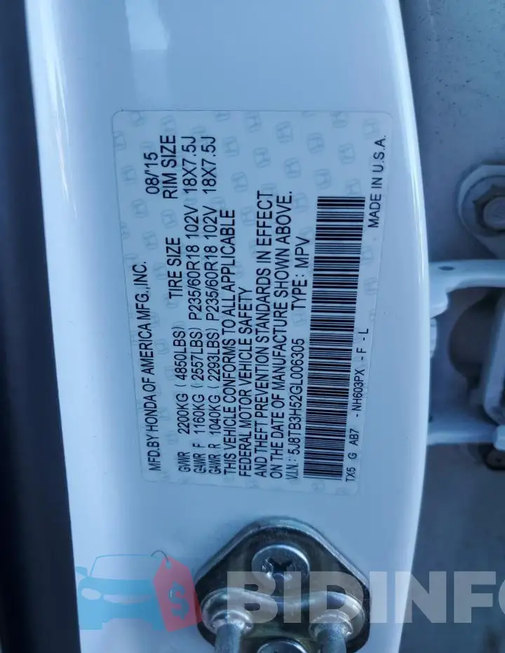 5J8TB3H52GL006305 Photo# 13