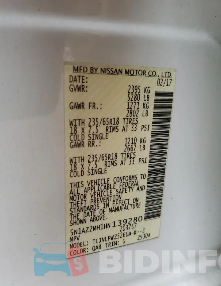 5N1AZ2MH1HN139280 Photo# 13
