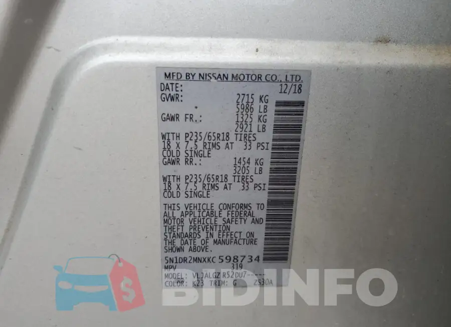 5N1DR2MNXKC598734 Photo# 13