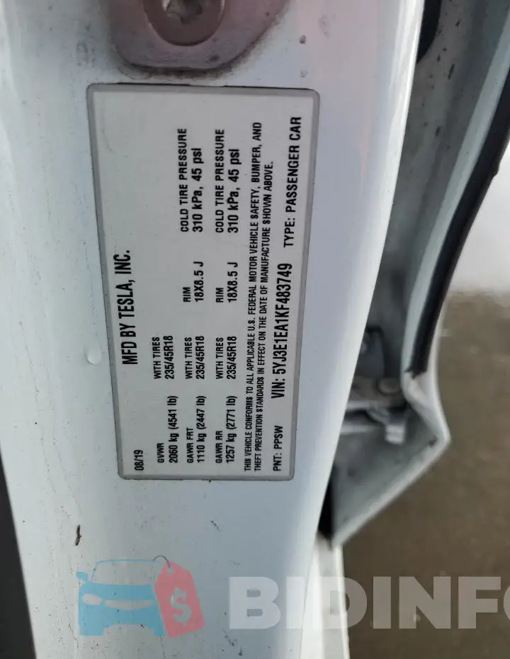 5YJ3E1EA1KF483749 Photo# 12