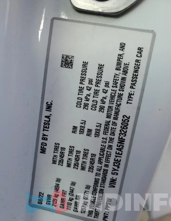 5YJ3E1EA5NF326052 Photo# 13