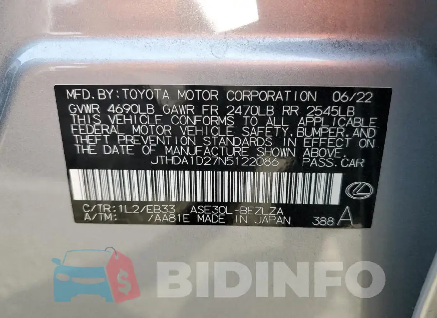 JTHDA1D27N5122086 Photo# 12