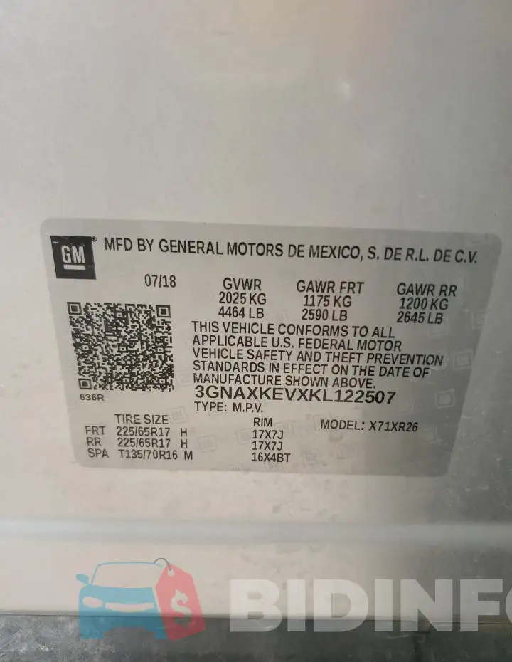 3GNAXKEVXKL122507 Photo# 12