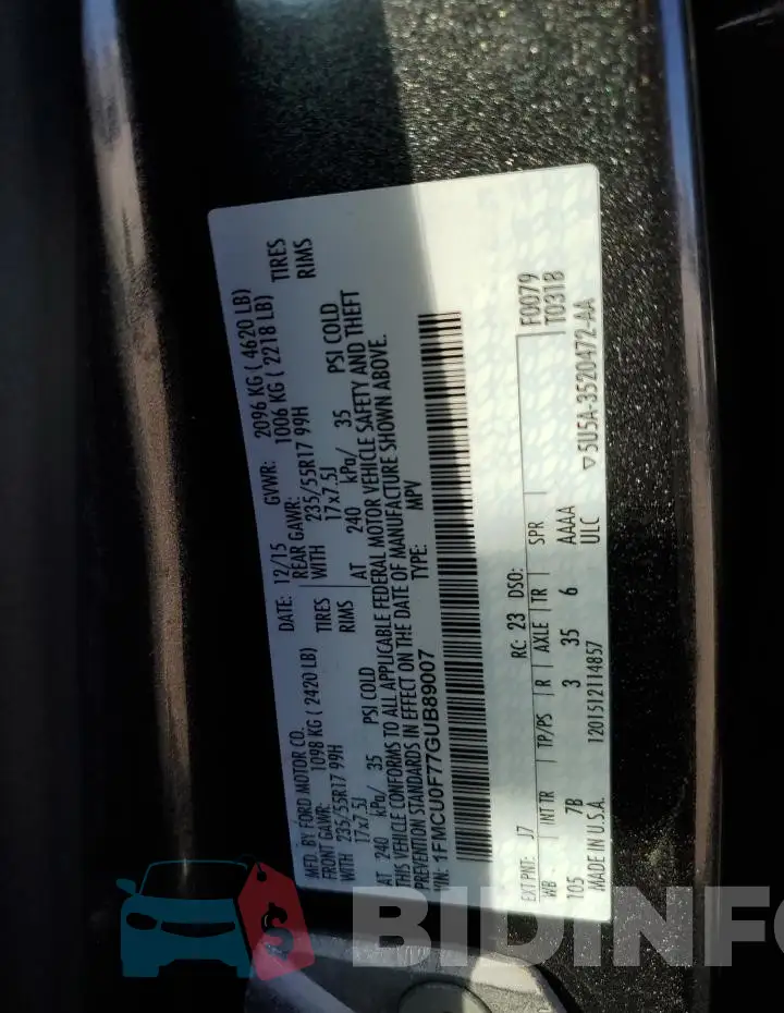 1FMCU0F77GUB89007 Photo# 12