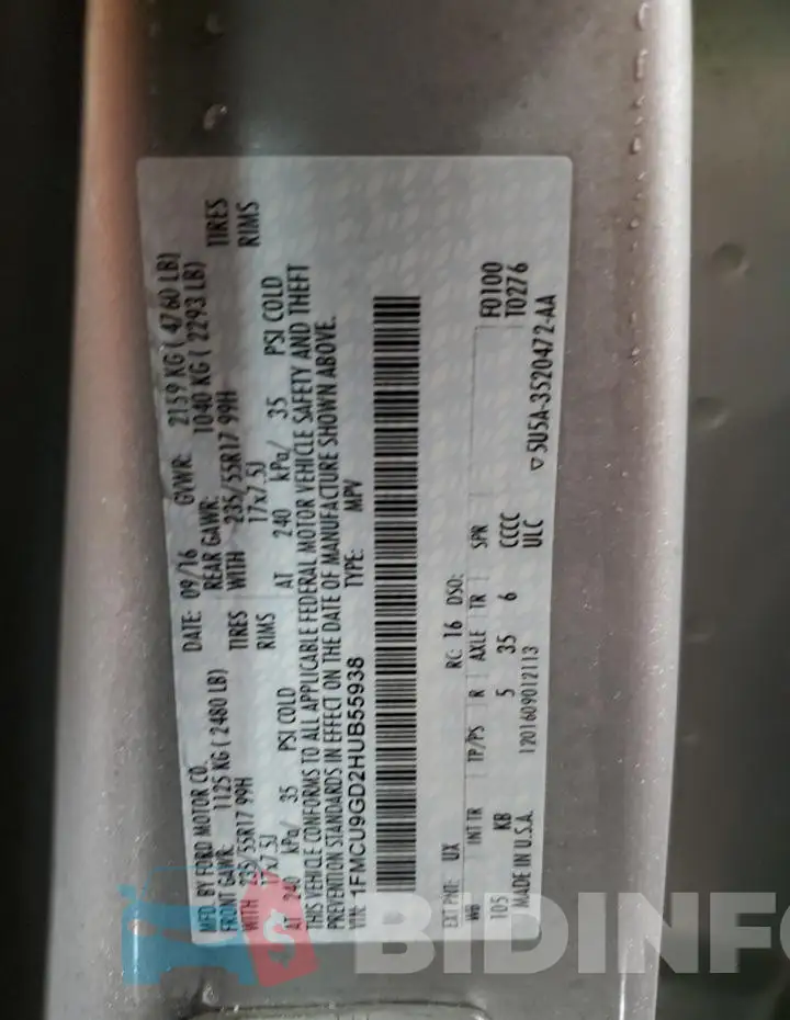 1FMCU9GD2HUB55938 Photo# 12