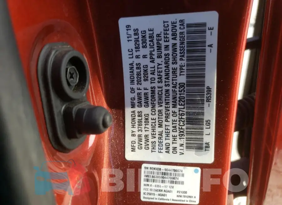 19XFC2F67LE201530 Photo# 12