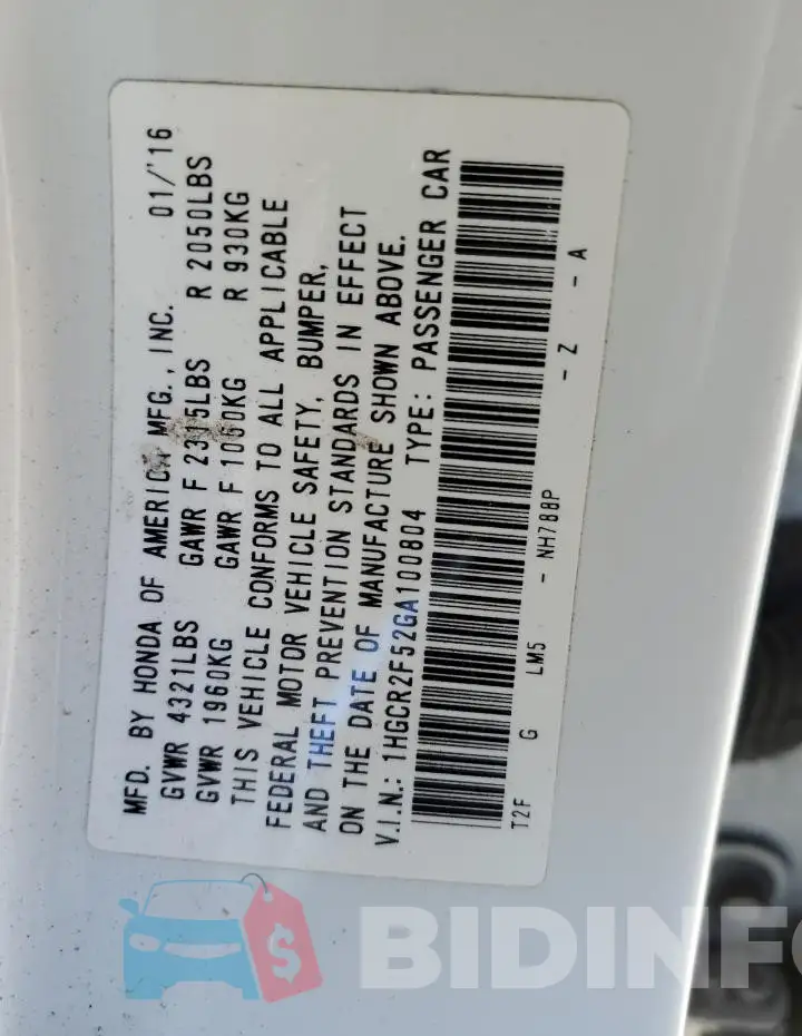 1HGCR2F52GA100804 Photo# 13