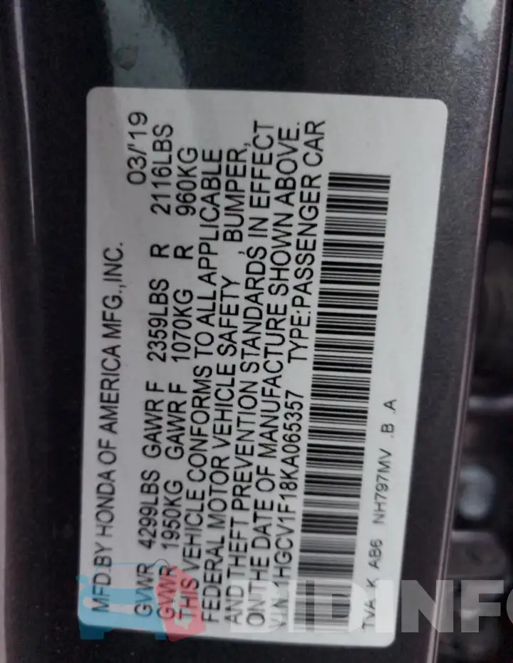 1HGCV1F18KA065357 Photo# 12