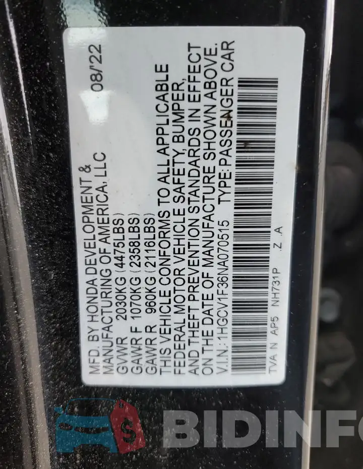 1HGCV1F36NA070515 Photo# 13