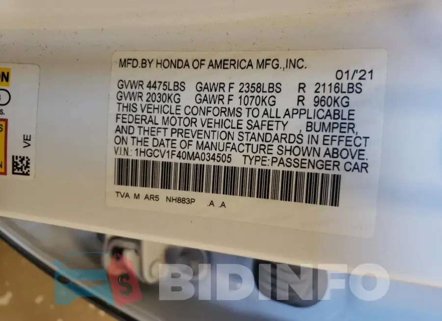 1HGCV1F40MA034505 Photo# 12