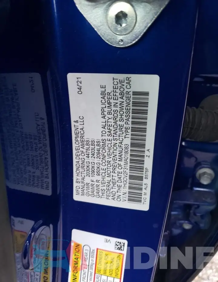 1HGCV2F31MA018083 Photo# 12