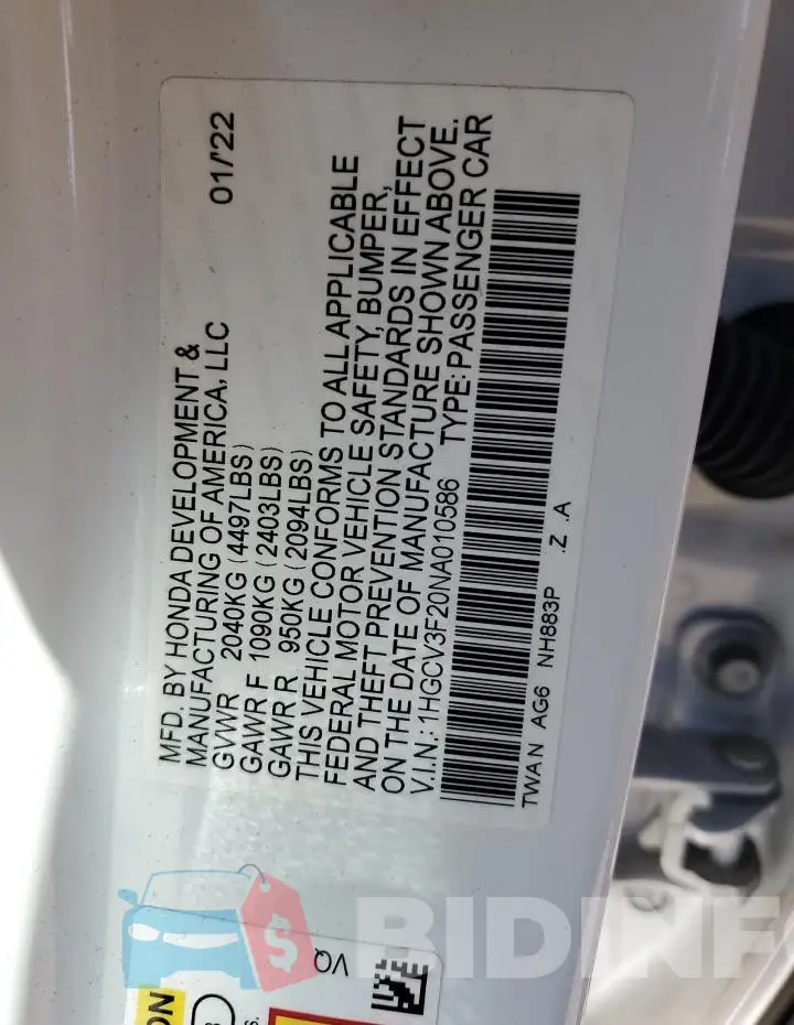 1HGCV3F20NA010586 Photo# 12